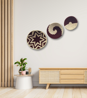 Handwoven Sabai Grass Wall Decor – Brown &amp; White Spiral Design Set Of 3