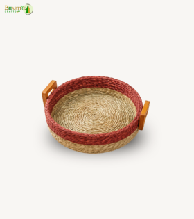 Bhartiye Crafts | Handmade Sabai Grass Round Tray with Wooden Handles | Eco-Friendly Basket| Odisha Artisans | Dimension- 8*3.5 (inches)