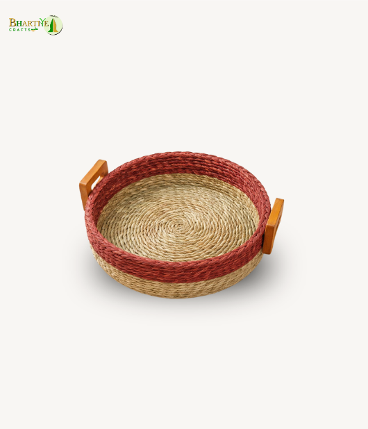 Bhartiye Crafts| Handmade Sabai Grass Round Tray with Wooden Handles | Eco-Friendly Basket | Odisha Artisans|Dimension 10*3.5 (inches)