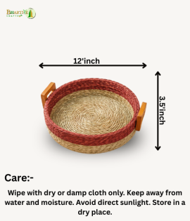 Bhartiye Crafts|Handmade Sabai Grass Round Tray with Wooden Handles | Eco-Friendly Basket|Odisha Artisans |Dimension-12*3.5 (Inches)