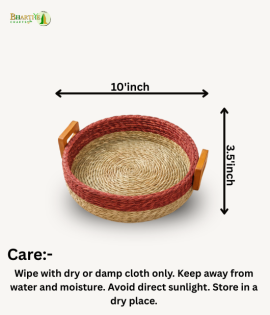 Bhartiye Crafts| Handmade Sabai Grass Round Tray with Wooden Handles | Eco-Friendly Basket | Odisha Artisans|Dimension 10*3.5 (inches)