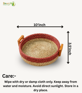 Bhartiye Crafts| Handmade Sabai Grass Round Tray with Wooden Handles | Eco-Friendly Basket | Odisha Artisans|Dimension 10*3.5 (inches)