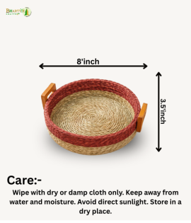 Bhartiye Crafts | Handmade Sabai Grass Round Tray with Wooden Handles | Eco-Friendly Basket| Odisha Artisans | Dimension- 8*3.5 (inches)