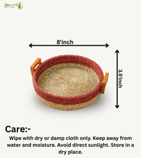 Bhartiye Crafts | Handmade Sabai Grass Round Tray with Wooden Handles | Eco-Friendly Basket| Odisha Artisans | Dimension- 8*3.5 (inches)