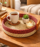Bhartiye Crafts| Handmade Sabai Grass Round Tray with Wooden Handles | Eco-Friendly Basket | Odisha Artisans|Dimension 10*3.5 (inches)