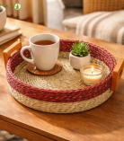Bhartiye Crafts|Handmade Sabai Grass Round Tray with Wooden Handles | Eco-Friendly Basket|Odisha Artisans |Dimension-12*3.5 (Inches)