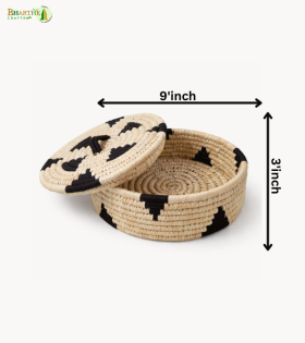 Bhartiye Crafts | White Black Sabai Grass Basket with Lid for Storage &amp; Decor | Handmade by Odisha Artisans