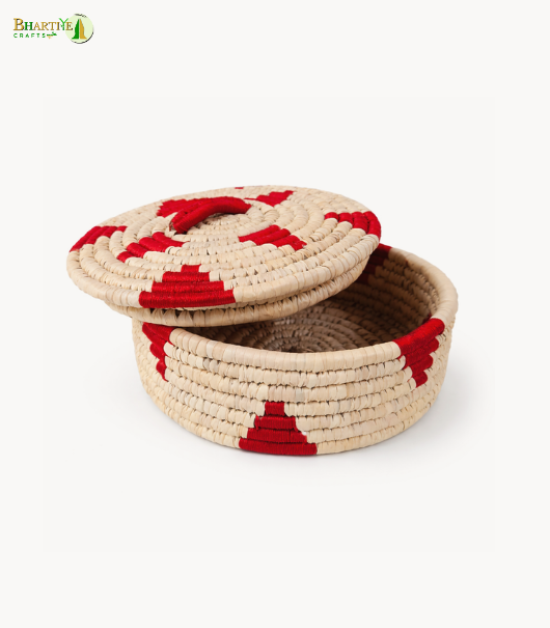 Bhartiye Crafts | White Red Sabai Grass Basket with Lid for Storage & Decor | Handmade by Odisha Artisans