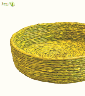 Bhartiye Crafts | Yellow Green Sabai Grass Round Basket | Handmade by Odisha Artisans