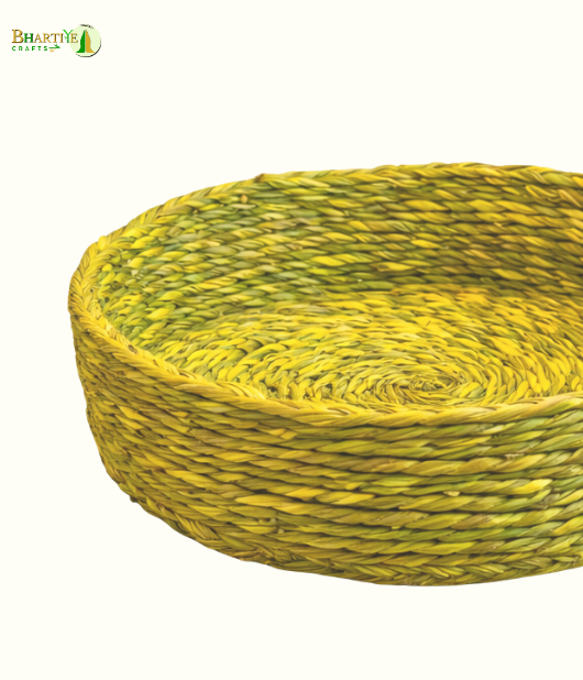 Bhartiye Crafts | Yellow Green Sabai Grass Round Basket | Handmade by Odisha Artisans