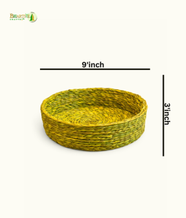 Bhartiye Crafts | Yellow Green Sabai Grass Round Basket | Handmade by Odisha Artisans