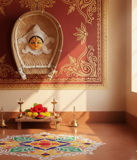 Handcrafted Sholapith Durga MATA Face on Bamboo Winnow (Kula) – 6.5” Wall Hanging