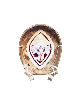 Handcrafted Sholapith Ganesha | Ganapati Face on Bamboo Winnow (Kula) – 6.5” Wall Hanging (#SPP0008)