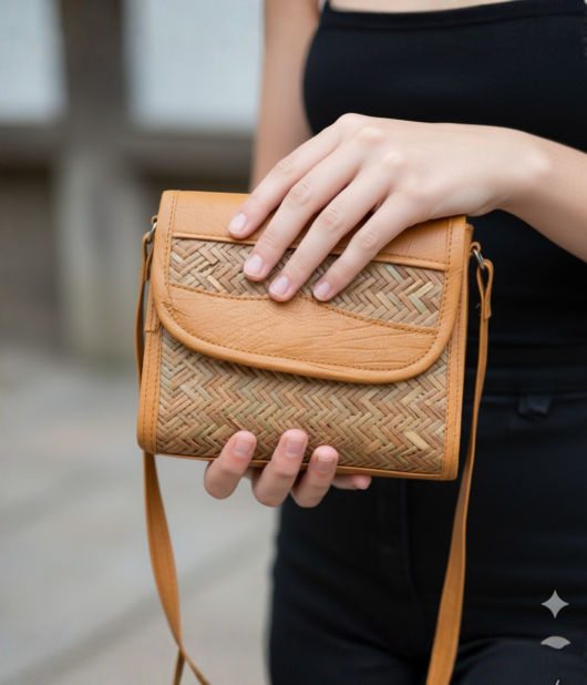 Shitalpati Tab Sling Bag with Lock | Handwoven Natural Bag  (#BSP0008)