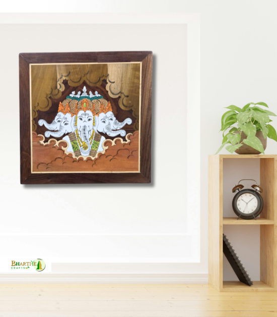 Mysore Rosewood Inlay Panchmukhi Ganesha Wall Art – Handcrafted Wooden Frame (#WP0043)