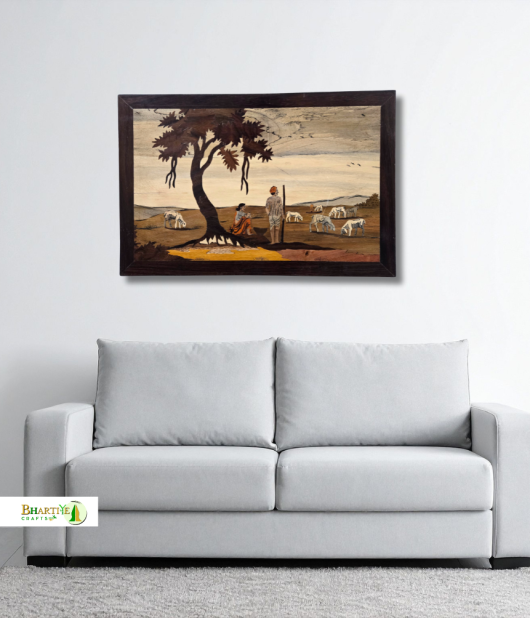 Handcrafted Rosewood Inlay Wall Art – Village Shepherd Scene (#WP0029)