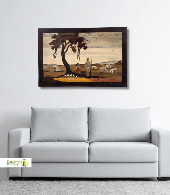 Handcrafted Rosewood Inlay Wall Art – Village Shepherd Scene (#WP0029)