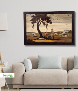 Handcrafted Rosewood Inlay Wall Art – Village Shepherd Scene (#WP0029)