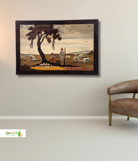 Handcrafted Rosewood Inlay Wall Art – Village Shepherd Scene (#WP0029)