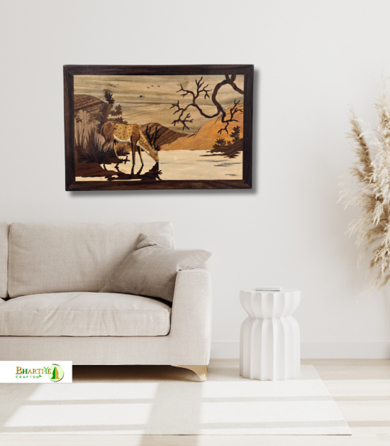 Mysore Rosewood Inlay Deer Drinking Water Wall Art – Handcrafted Nature Scene (#WP0027)