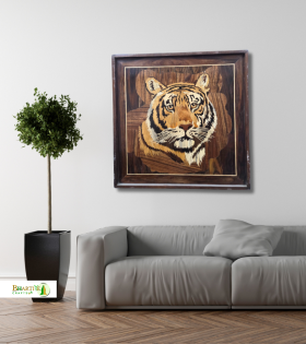 Mysore Rosewood Inlay Tiger Wall Art – Handcrafted Wildlife Wooden Frame (#WP0028)