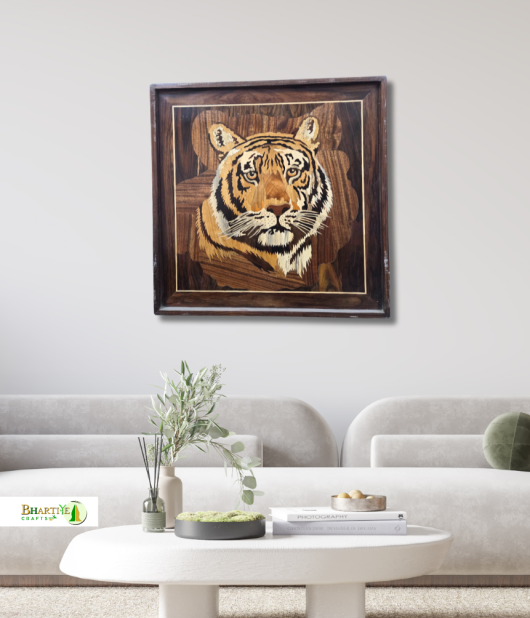 Mysore Rosewood Inlay Tiger Wall Art – Handcrafted Wildlife Wooden Frame (#WP0028)