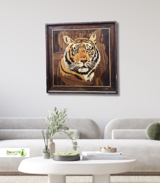 Mysore Rosewood Inlay Tiger Wall Art – Handcrafted Wildlife Wooden Frame (#WP0028)