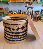 Bhartiye Crafts | Designer Bamboo Storage Basket with Lid | Handwoven Blue Pattern | Jharkhand Craft
