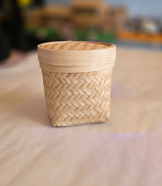 Bhartiye Crafts | Natural Bamboo Storage Basket with Lid | Jharkhand Artisan Handicraft