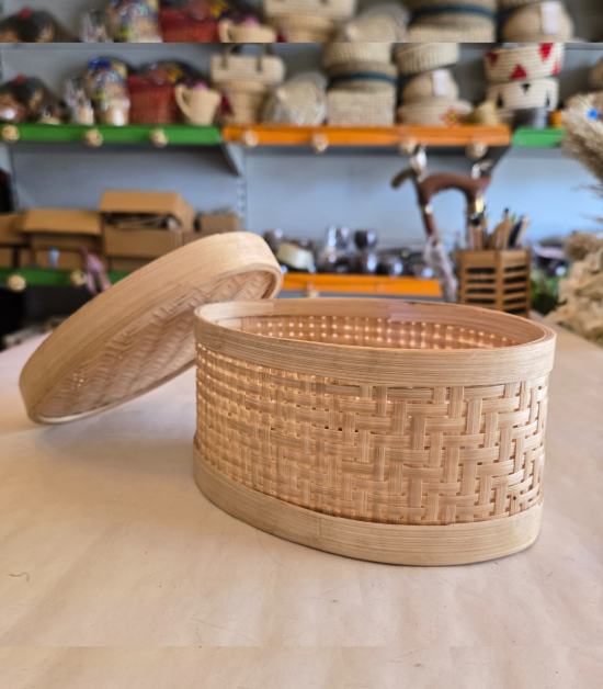 Bhartiye Crafts | Handmade Bamboo Storage Basket with Lid | Multipurpose Organizer Box | Jharkhand Craft