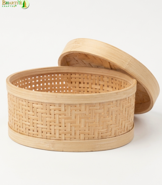 Bhartiye Crafts | Handmade Bamboo Storage Basket with Lid | Multipurpose Organizer Box | Jharkhand Craft