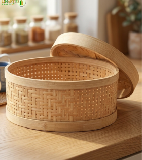 Bhartiye Crafts | Handmade Bamboo Storage Basket with Lid | Multipurpose Organizer Box | Jharkhand Craft