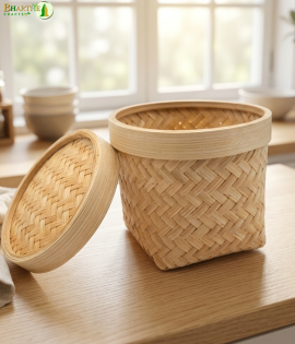 Bhartiye Crafts | Natural Bamboo Storage Basket with Lid | Jharkhand Artisan Handicraft