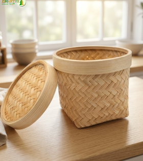 Bhartiye Crafts | Natural Bamboo Storage Basket with Lid | Jharkhand Artisan Handicraft