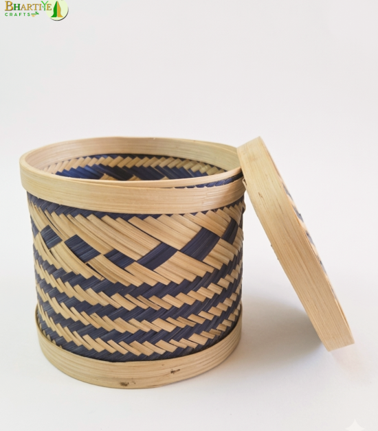 Bhartiye Crafts | Designer Bamboo Storage Basket with Lid | Handwoven Blue Pattern | Jharkhand Craft