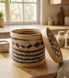 Bhartiye Crafts | Designer Bamboo Storage Basket with Lid | Handwoven Blue Pattern | Jharkhand Craft