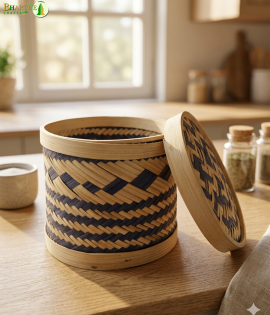 Bhartiye Crafts | Designer Bamboo Storage Basket with Lid | Handwoven Blue Pattern | Jharkhand Craft
