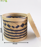 Bhartiye Crafts | Designer Bamboo Storage Basket with Lid | Handwoven Blue Pattern | Jharkhand Craft