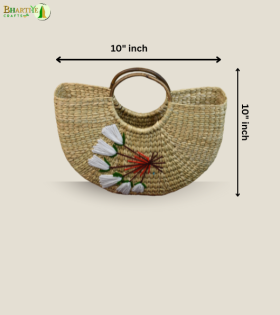 Bhartiye Crafts|Floral Embroidered Kauna Grass Handbag | Natural Handmade | Mainpur Northeast| Women's special
