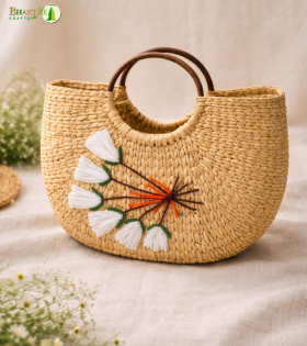 Bhartiye Crafts|Floral Embroidered Kauna Grass Handbag | Natural Handmade | Mainpur Northeast| Women's special