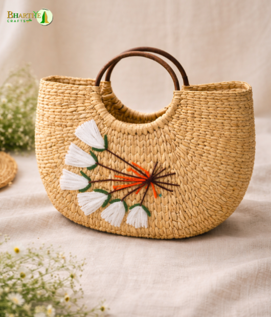 Bhartiye Crafts|Floral Embroidered Kauna Grass Handbag | Natural Handmade | Mainpur Northeast| Women's special