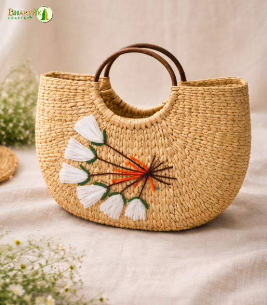 Bhartiye Crafts|Floral Embroidered Kauna Grass Handbag | Natural Handmade | Mainpur Northeast| Women's special