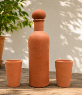 BHARTIYE CRAFTS Handmade Terracotta Water Bottle Set with 2 Glasses | Natural Cooling Clay Drinkware | Artisan Crafted