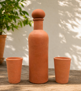 BHARTIYE CRAFTS Handmade Terracotta Water Bottle Set with 2 Glasses | Natural Cooling Clay Drinkware | Artisan Crafted