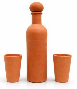 BHARTIYE CRAFTS Handmade Terracotta Water Bottle Set with 2 Glasses | Natural Cooling Clay Drinkware | Artisan Crafted