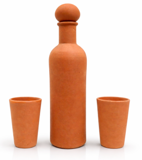 BHARTIYE CRAFTS Handmade Terracotta Water Bottle Set with 2 Glasses | Natural Cooling Clay Drinkware | Artisan Crafted